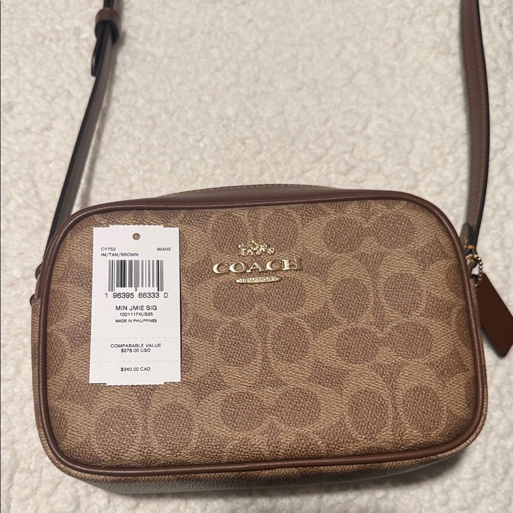 COACH Mini Jamie Brown Signature Canvas Crossbody with Leather Trim